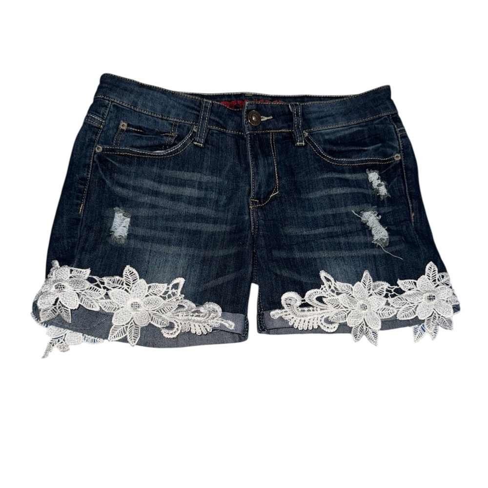 BONGO Blue and White Jean Shorts with Lace Trim